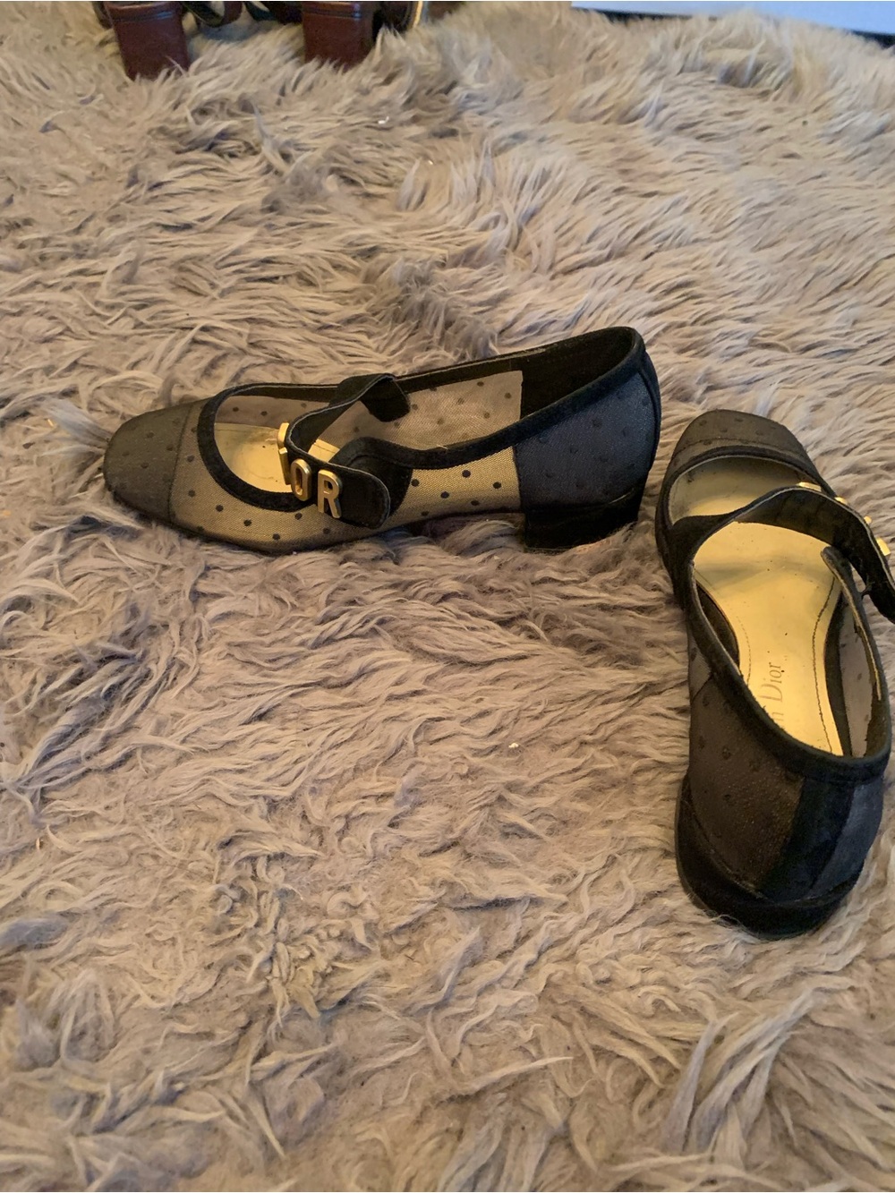 Dior Black Mesh Mary Jane Flats with Gold Lettering - Picture 5 of 7